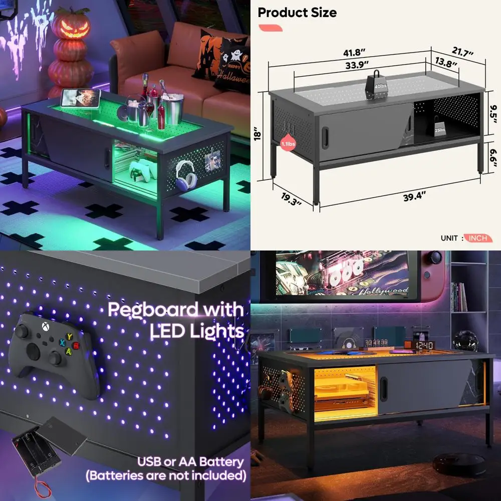 

42-дюймовый светодиодный журнальный столик с местом для хранения вещей, современный стол для гостиной, черный центральный стол