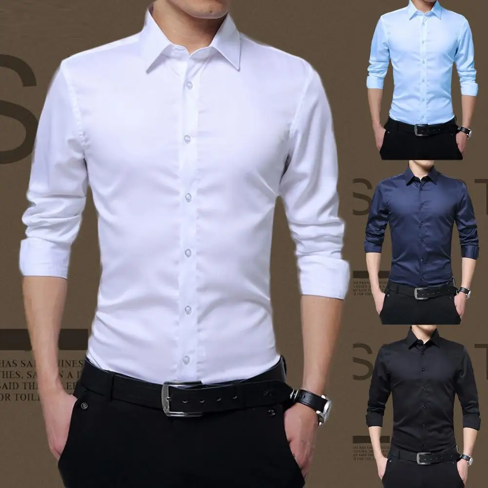 3XL Superfine Denier Bamboo Fiber Elastic Formal Shirts for Men Large Size Casual Slim Fit Long Sleeve Shirts for Men