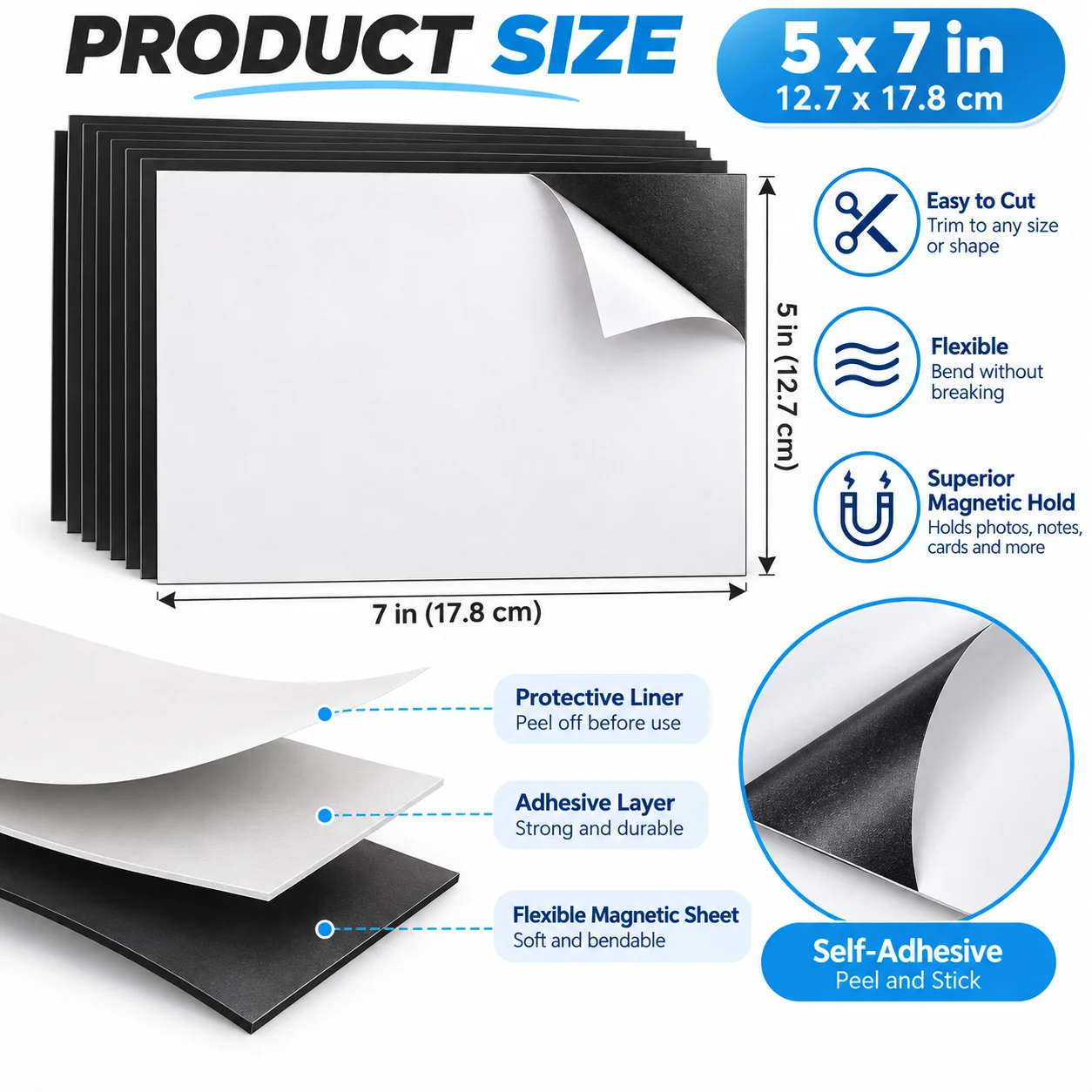 Flexible Magnetic Adhesive Sheets, 5 X 7 Inch, Easy to Cut Magnetic Sheets for Photos, Crafts, Die Storage, Refrigerator Decor