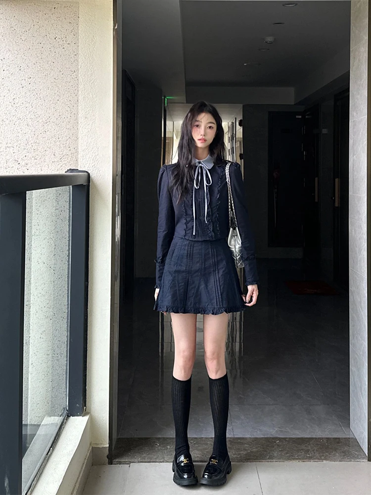 

Корейский кружевной топ и плиссированная юбка, комплект из двух предметов, небольшой размер, утягивающий осенний ансамбль Faion, ort Sle