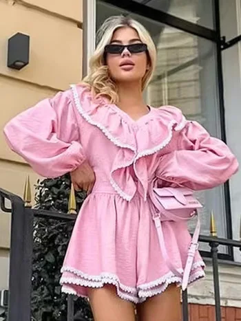 ゆったりとしたirtとortsのセット、ランタン袖、裾がレースで仕上げられたカプセル、秋のファション、レディースツーピーススーツ、ボタン留め、ロングスリーブ