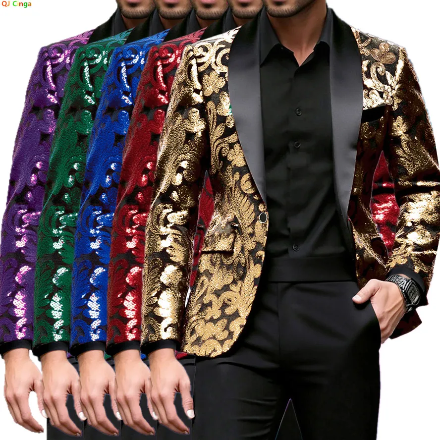 2026 New Men's Gold V-Neck Suit Jacket, Sequins Decoration Dress Top Coat, Perfect for Wedding/Party/Stage Performance
