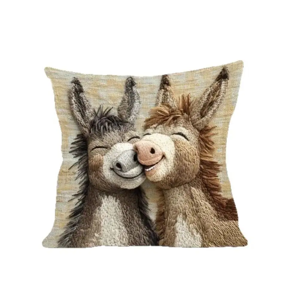 Cute Cartoon Donkey Throw Pillow Covers 45x45 Non-Real Embroidery Donkey Pillowcase 2D Print Washable Cushion Cover Home Decor