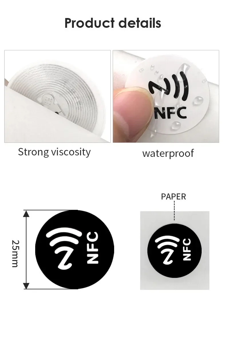 Etiquetas adhesivas NFC para teléfono, pegatinas húmedas de 504 Bytes, 13,56 MHz, ISO14443A, Ntag 215, Chip RFID, 6 colores, Ntag215, 6 piezas