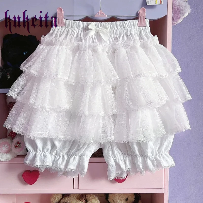 Harajuku Y2k Sweet Pink Bloomers Women Japanese Kawaii Lace Ruffles Lolita Cute Shorts Skirts Elastic Waist JK Pumpkin Pants