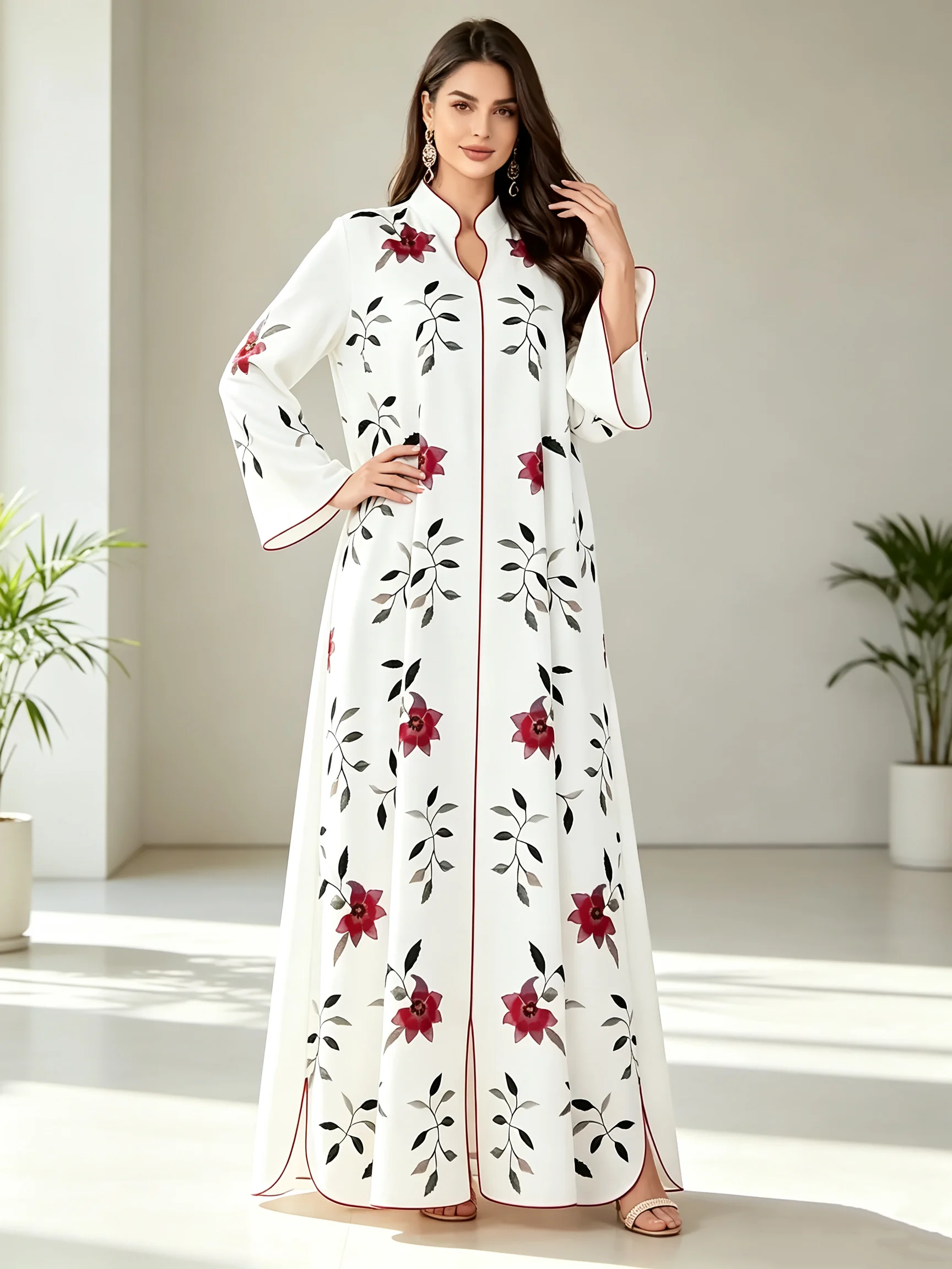 Elegant V-Neck Long-Sleeved Muslim Print Skirt for Ladies Loose A-Line with Slit Hem Ideal for Ramadan Eid Occasions