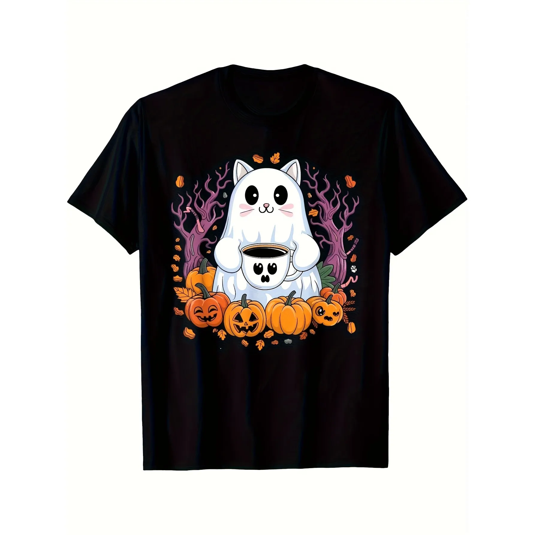 Men's Soft Breathable Black T-Shirt with Cute Cats, Pumpkins & Coffee Cup Fall Graphic Short Sleeve Round Neck