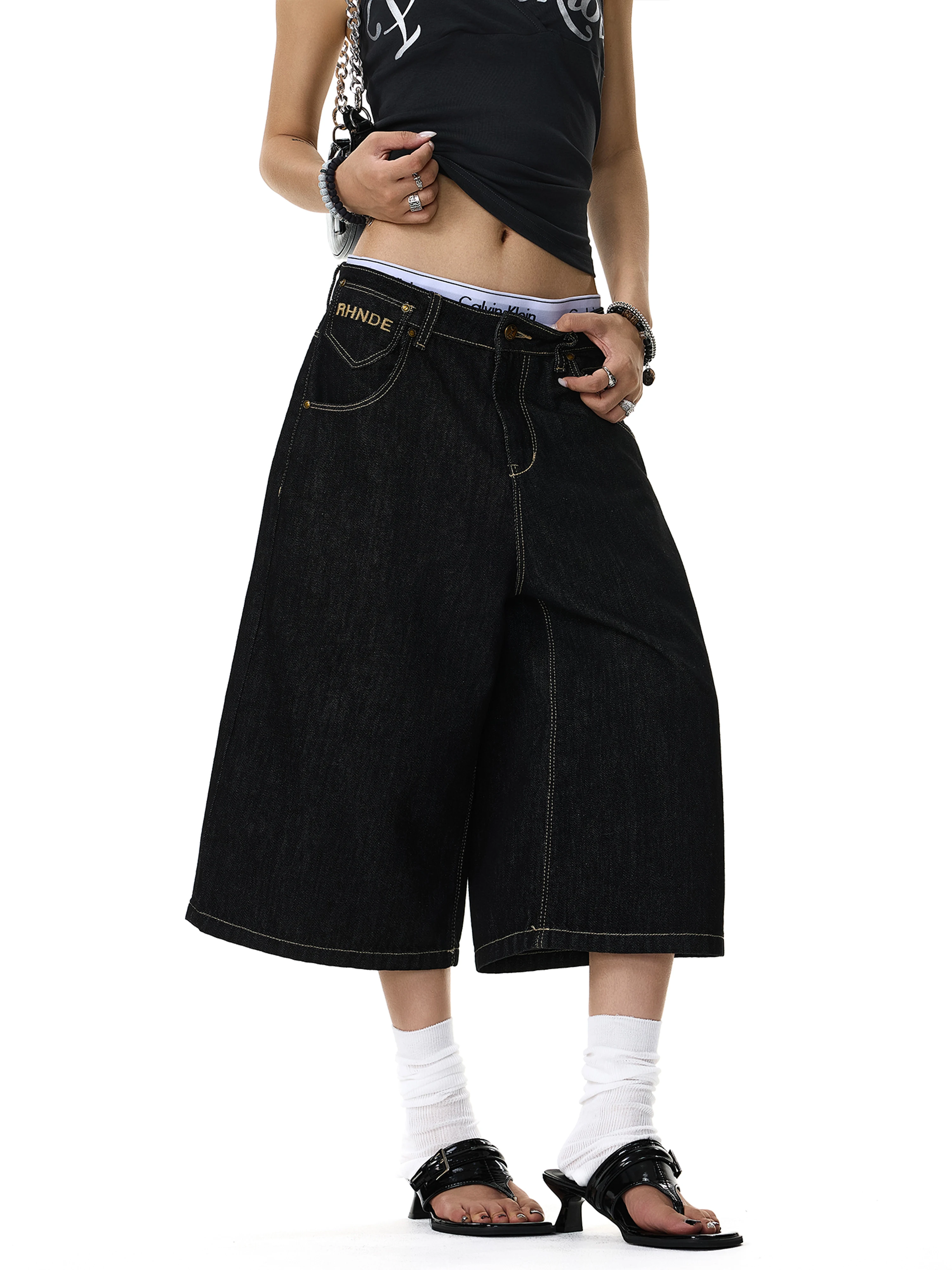 American Retro Paris Button Original Cowboy Jeans Seven-Foot Loose Casual Design Wide-Leg Shorts for Men And Women