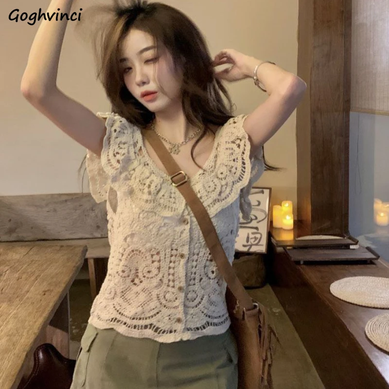 

Cardigan Women Hollow Out Vintage Girlish Literary Gentle Summer New V-neck Fashion All-match Comfort Casual Korean Style Slim