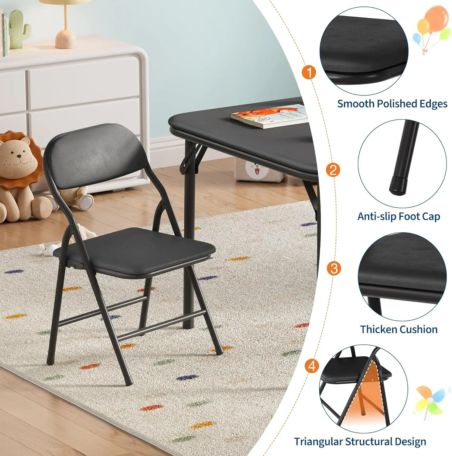 5-Piece Kids Folding Table and Chairs Set, Square Table | Foldable Children's Activity Table & Chair Set, Upholstered Chairs, Waterproof PU Top, No Assembly, Toddler Furniture, Black view 4