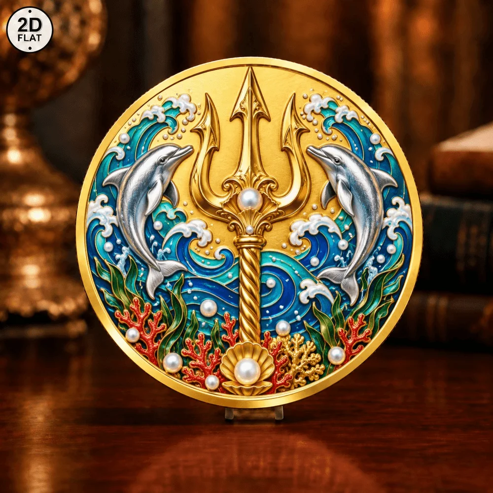 \1pc UV Color Print Poseidon God of the Sea Challenge Coin Trident Ocean Greek Mythology Metal Commemorative Token Keepsake Gift