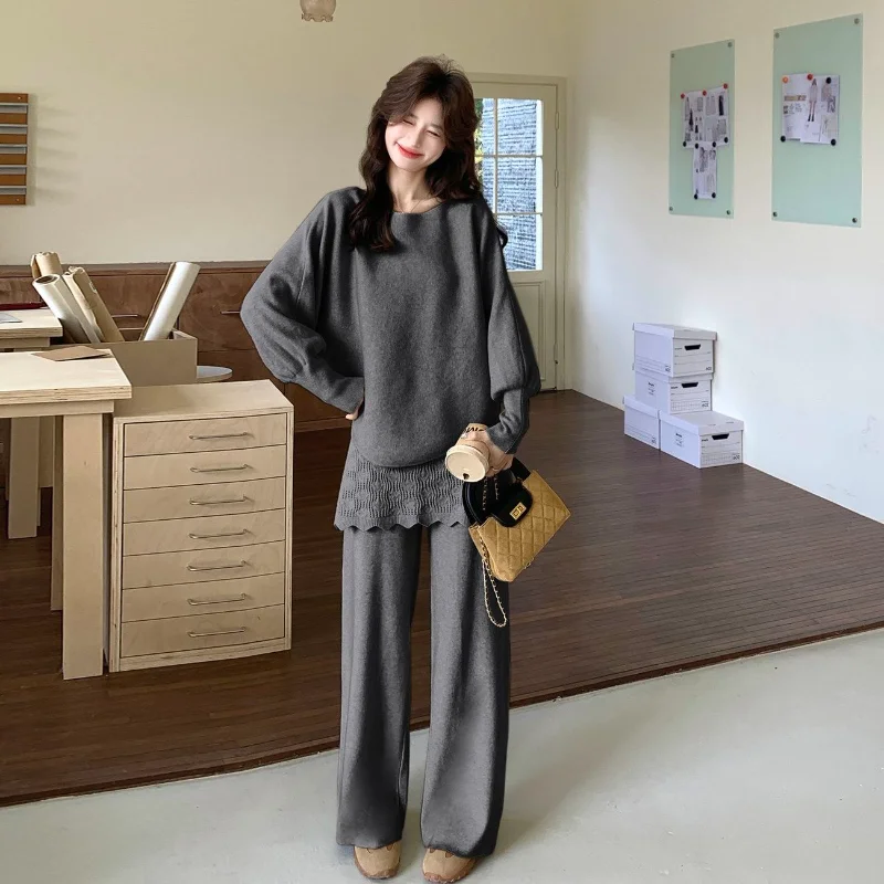 French Classic Solid Round Neck Long Sleeved Loose Knit Shirt Casual Straight Leg Pants Fashion Temperament 2-piece Set 트위드 투피스
