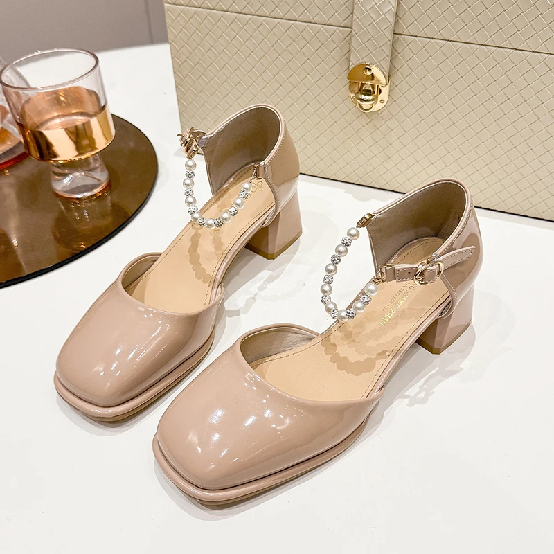 

Chunky Single Shoes Spring New Style Square Head Shallow Mouth Patent Leather Beaded One Line Buckle Non-slip High Heels