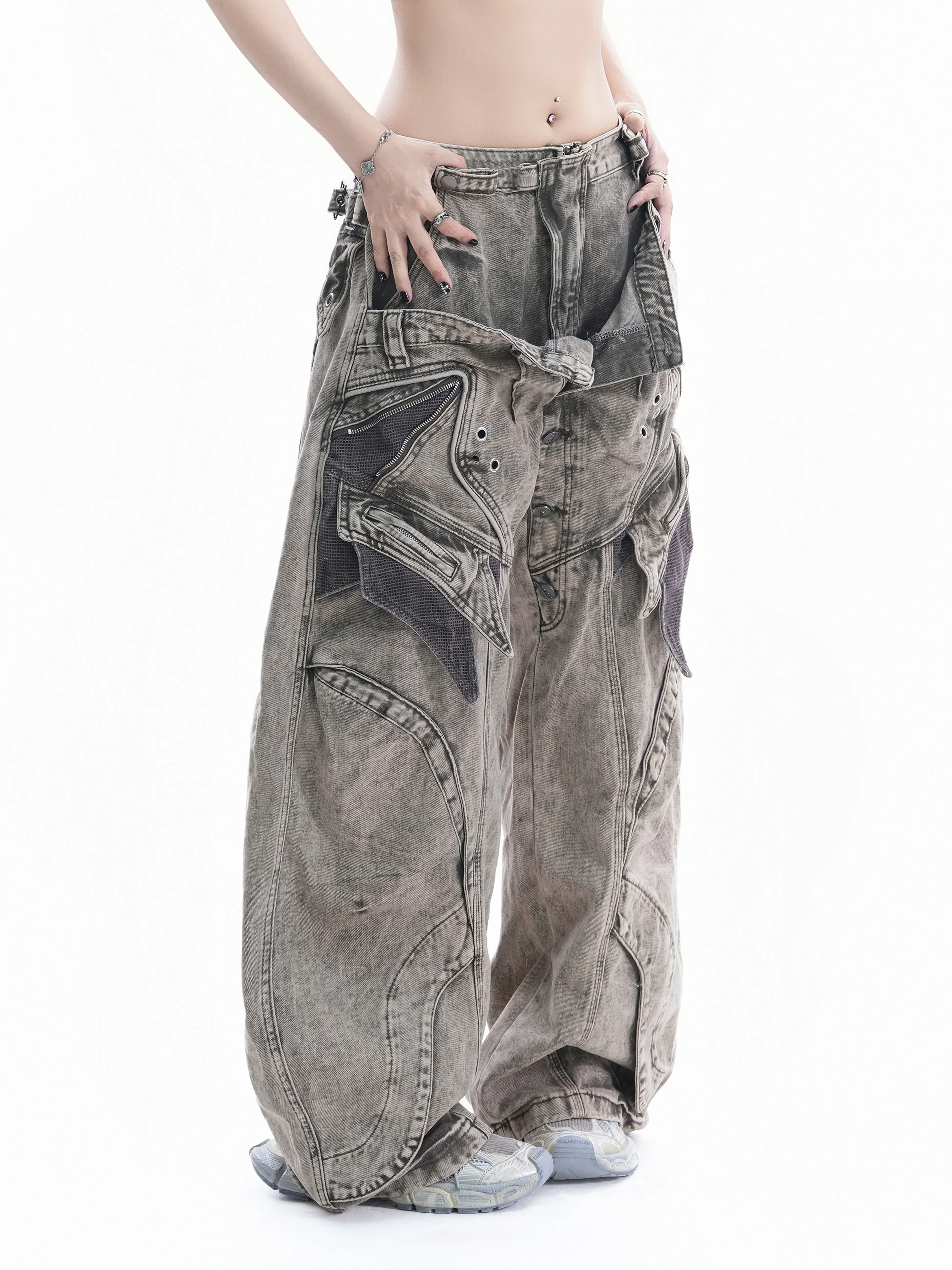 American Style Heavy Duty Knife  Denim Jeans Women's Multi Pocket Decomposition Splicing Design Couple Wide Leg Pants