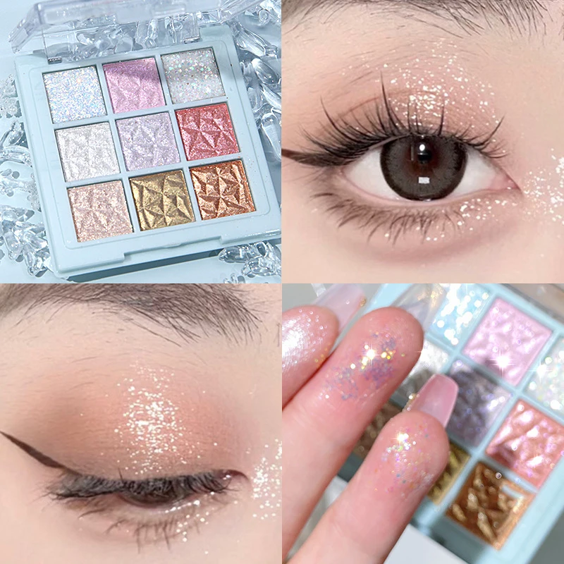 Paleta de sombras de ojos de copos de nieve de nueve colores, Perla fina, brillo, contorno de ojos, paleta de maquillaje de ojos, paleta compacta de oro champán