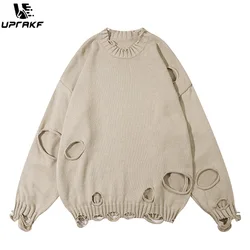 UPRAKF Ripped Hole Sweater Solid Color Autumn Winter Fashion Streetwear Pullover Casual Long Sleeve Loose Knitted