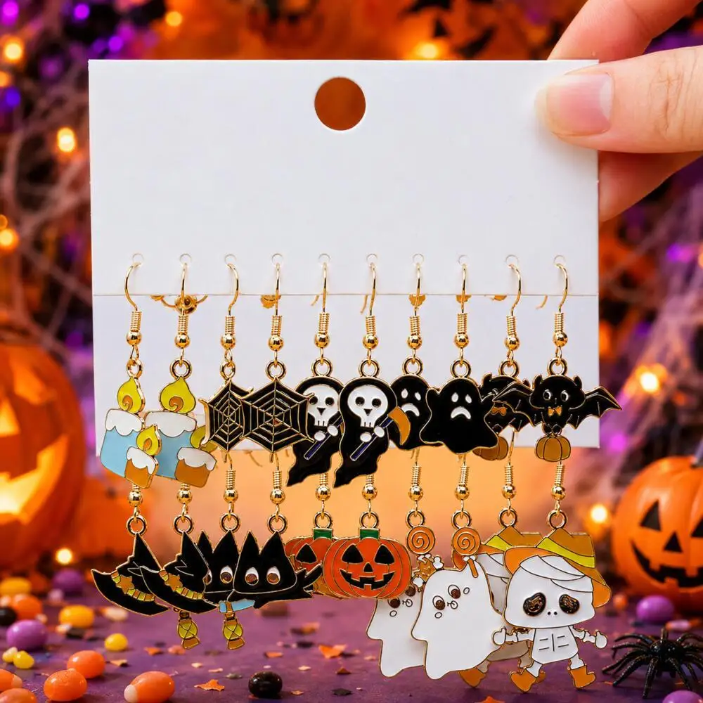 10Pairs Women Halloween Enamel Dangle Earrings Witch Hat Black Cat Broom Ghost Pumpkin Mummy Cosplay Party Jewelry