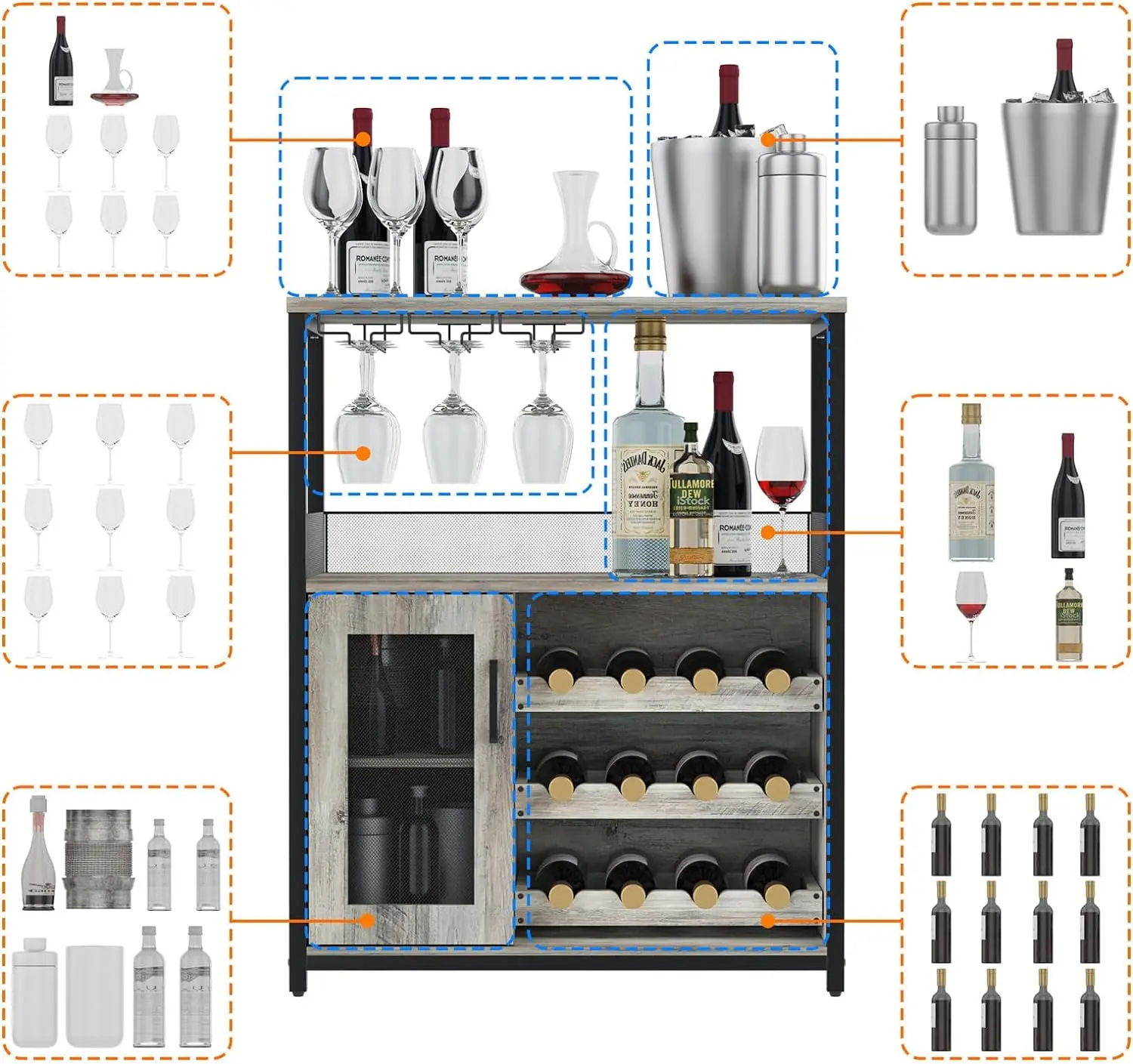 Armoire à vin avec grand espace de rangement et poignées amovibles T1, petit buffet et armoire de planche avec porte en maille