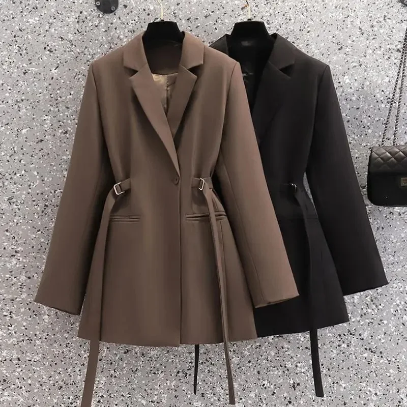 Spring Autumn Suits Jacket Women 2024 New Loose Suit Collar Pure Colour Coat Fashion Belt Outerwear Single Buckle Blazer Female