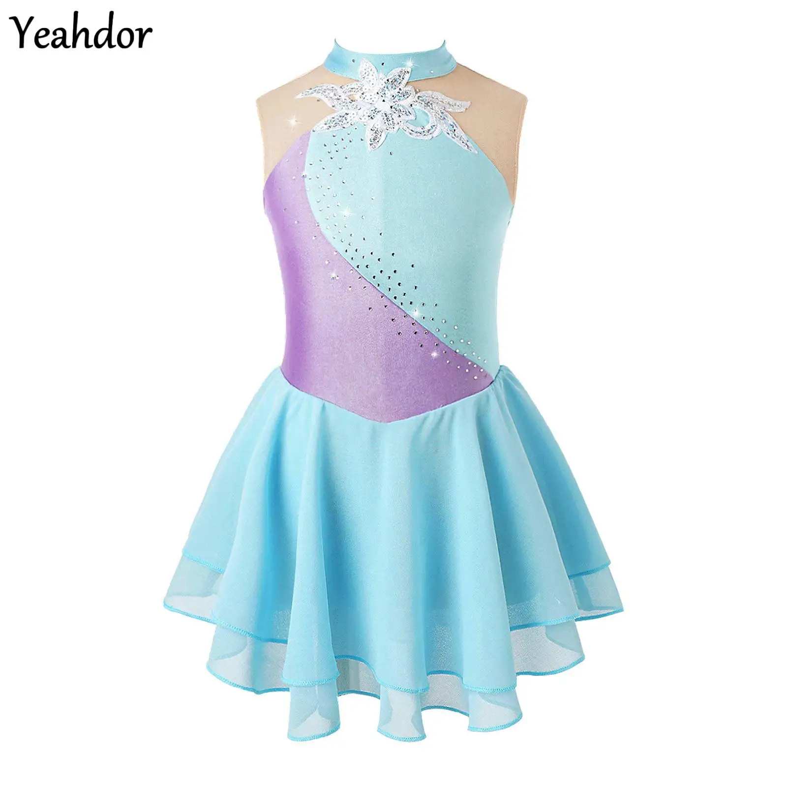 

Girls Sleeveless Rhinestone Figure Ice Skating Dress Floral Sequin Gymnastics Dance Tutu Leotard Dress Performance Dance Costume