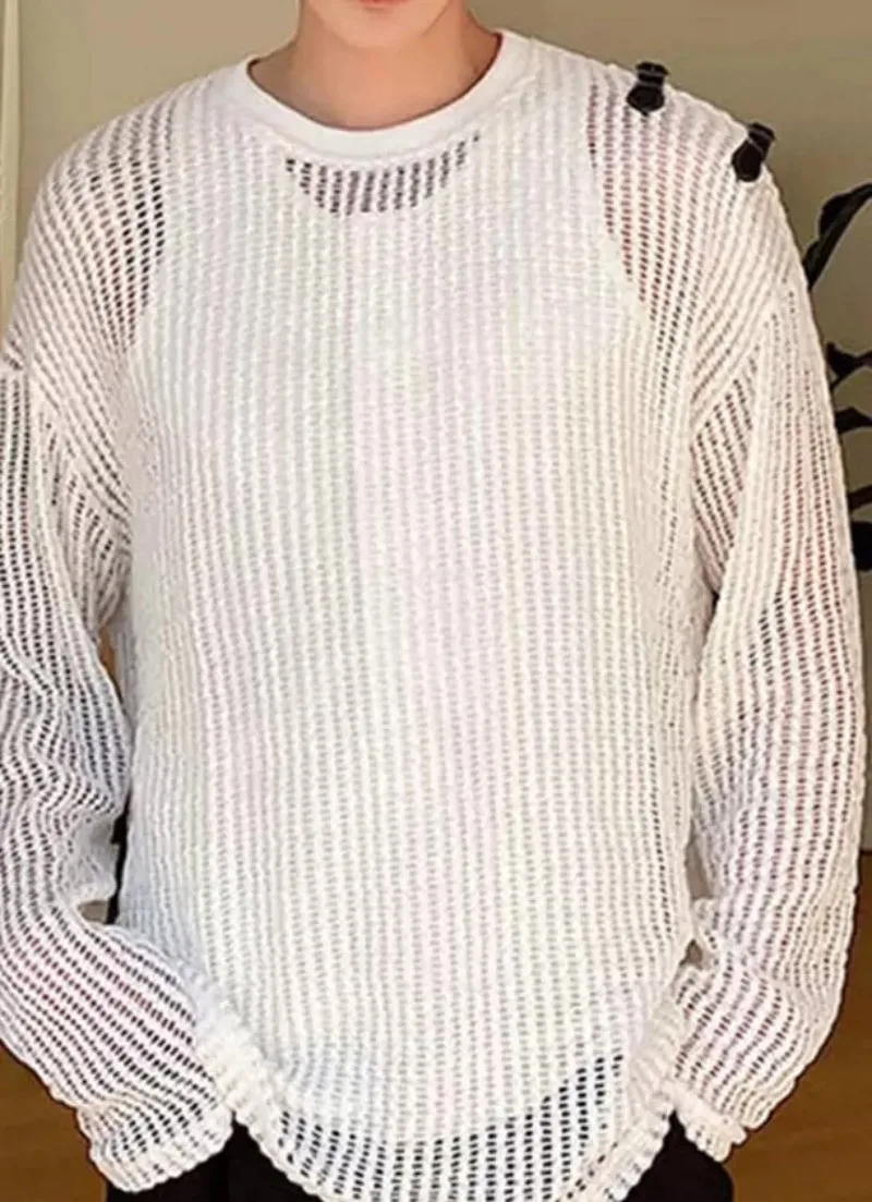 Mens Long Sleeved Knitted Sweater Solid Long Sleeve Mesh Top for Men