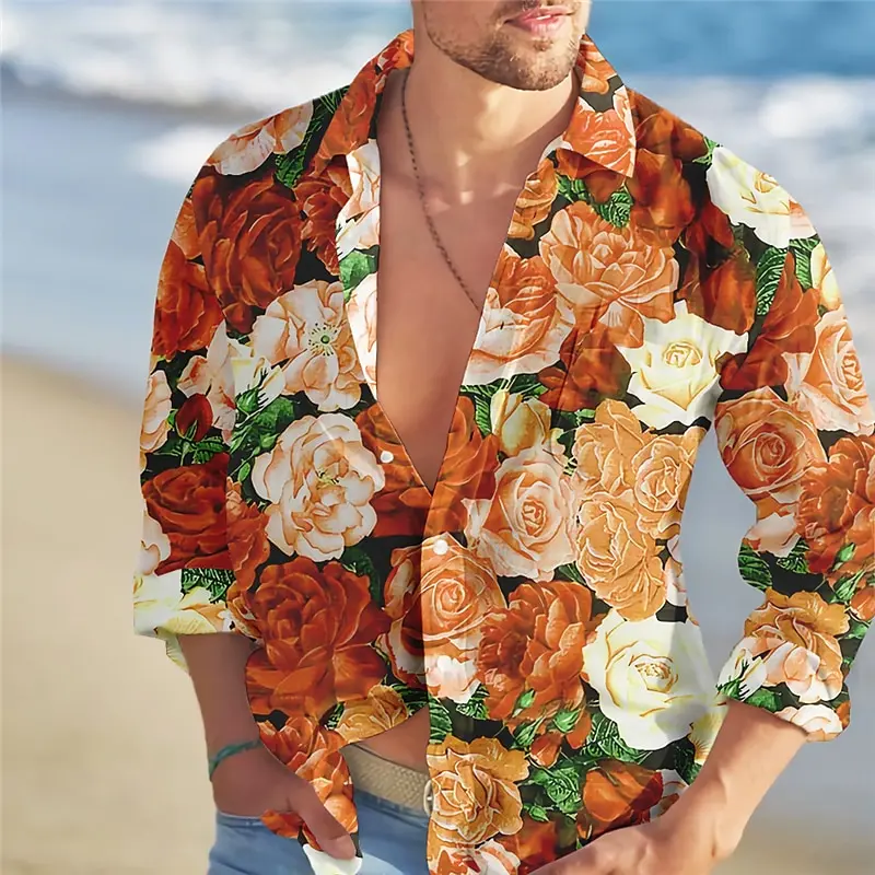 2024 New Rose Casual Men\'s Shirts Daily Wear Spring Outing Lapel Long Sleeve Shirts Valentine\'s Day Tops