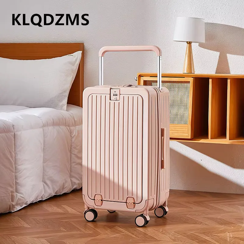 KLQDZMS 20"22"24"26Inch Laptop Suitcase Front Opening Boarding Box PC Trolley Case USB Charging with Wheels Rolling Luggage