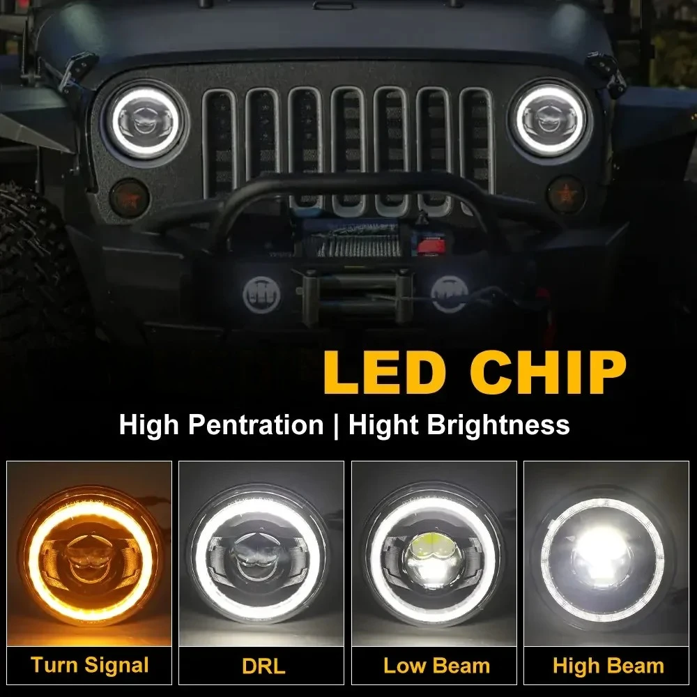 DOT 7inch Round LED Headlights for Jeep Wrangler JK JKU LJ CJ TJ 1997-2018, 8000LM High Beam Super Bright Car Headlight Assembly