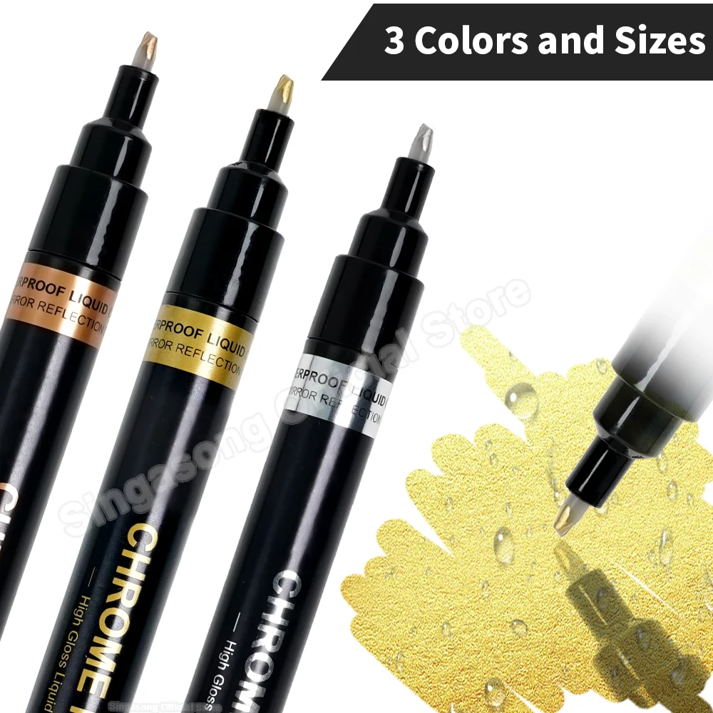 크롬 미러 마커 펜, DIY 반사 페인트 펜, 영구 금 실버 구리 마커, 모델 페인팅, 1mm, 2mm, 3mm, 3 개