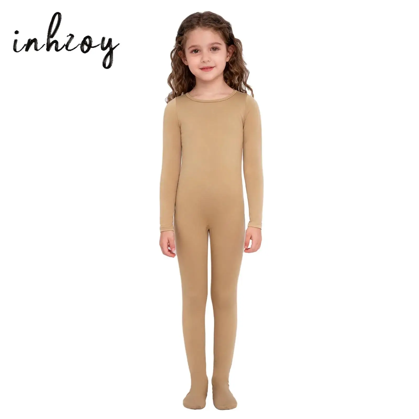 

Kids Girls Ballet Dance Gymnastics Jumpsuit Round Neck Long Sleeve Footed Bodysuit for Figure Skating Practice Warm-Up Training