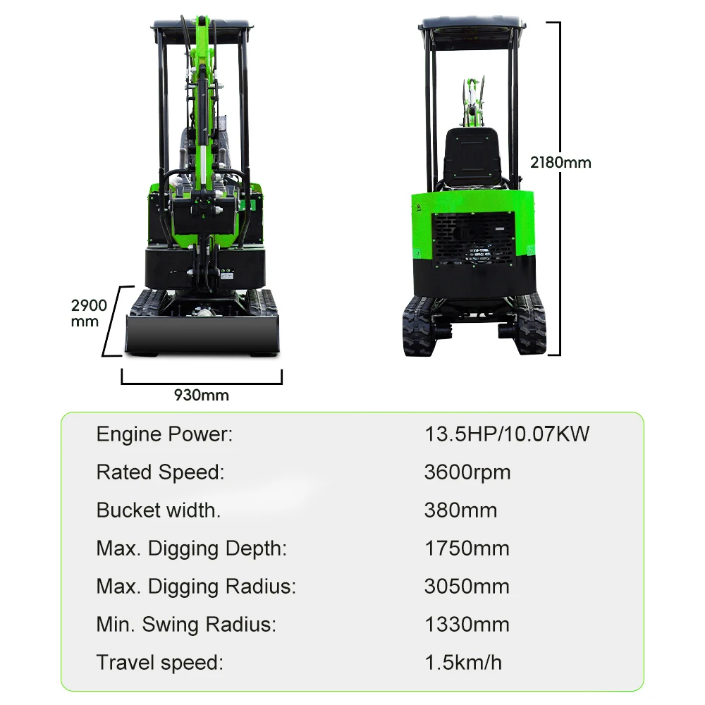 EUA Estoque Mini Escavadeira de 1 Ton com Motor Briggs & Stratton 13.5HP Mini Escavadeiras de Esteiras Cor Verde Frete Grátis