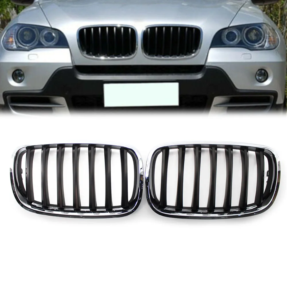 2Pcs Chrome Frame Shiny Black Slat Grill Car Grille For BMW X5 X6 E70 E71 2008 2009 2010 2011 2012 2013