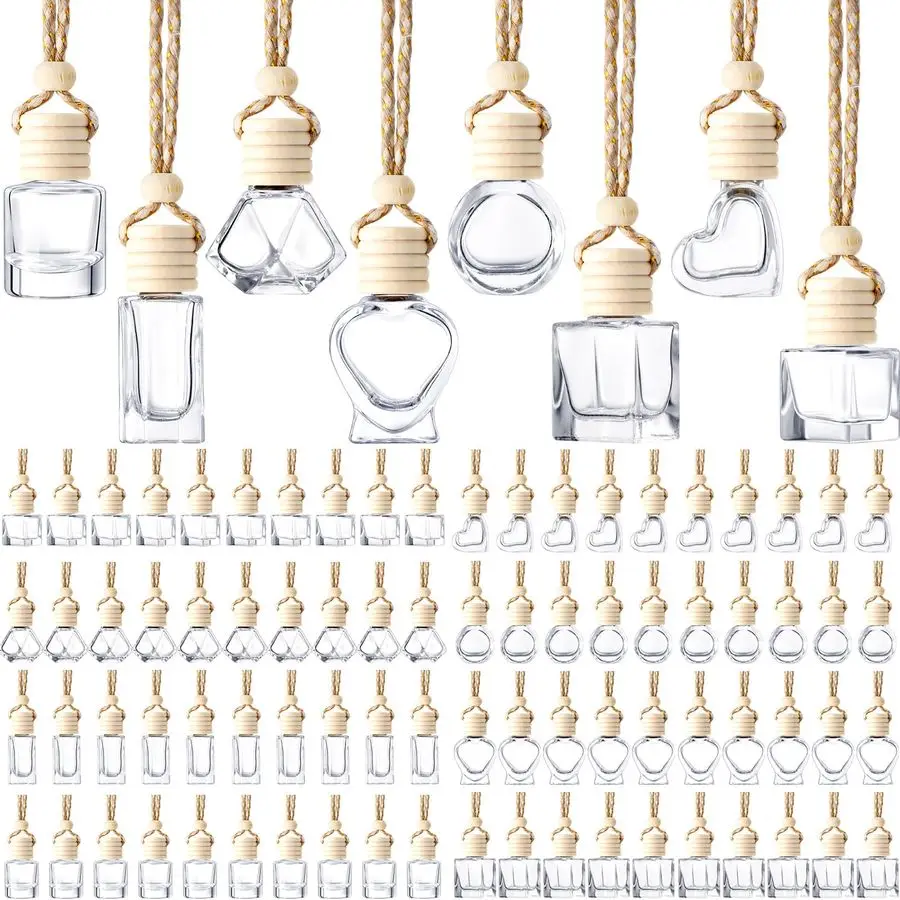 

200 Pcs Hanging Car Diffuser Bottles Bulk, 8 Styles Empty Glass Air Freshener Bottles with Wooden Cap for Perfume Essential Oils