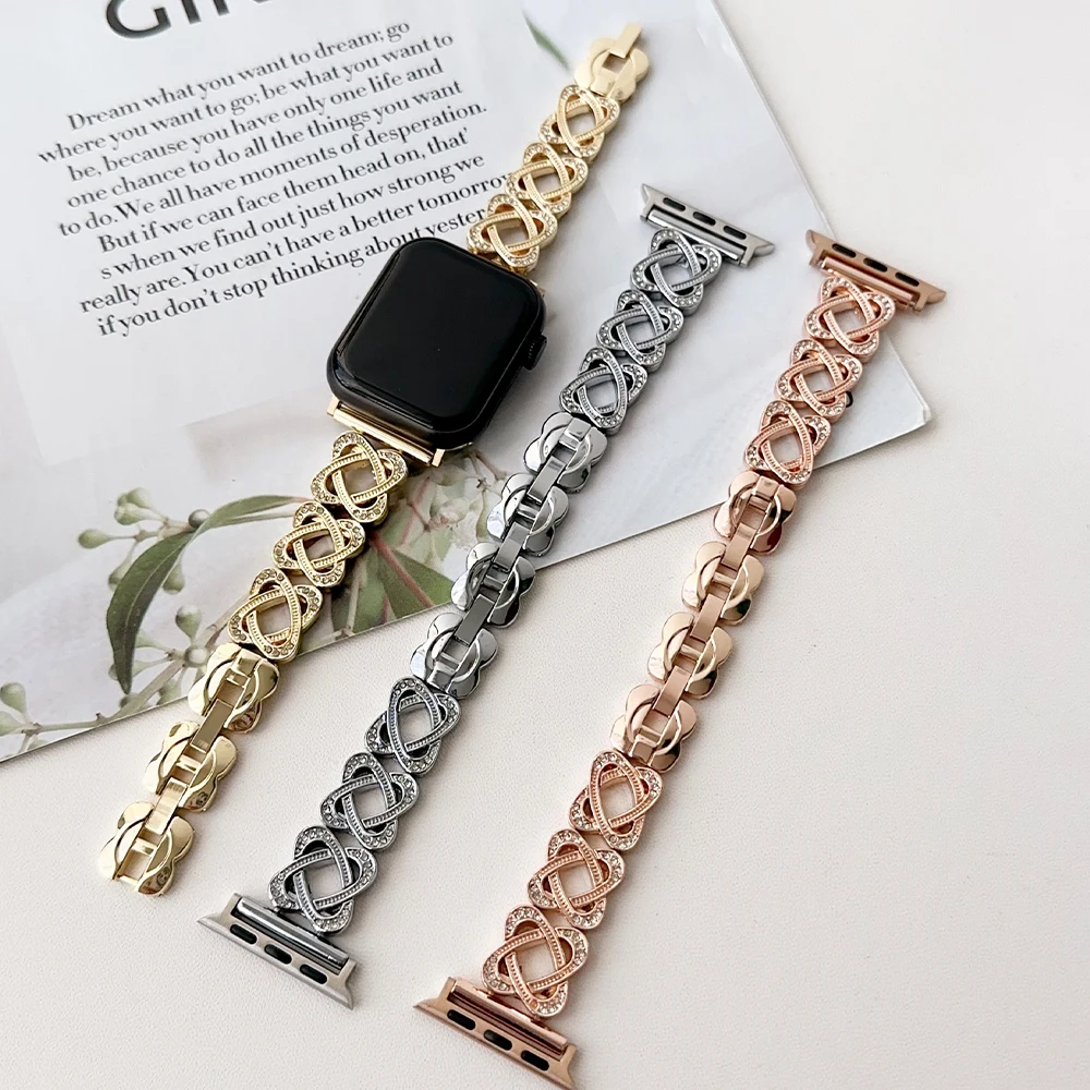 44mm Correa For iWatch Series 9 7 6 SE 5 4  Heart Ring Diamonds Chain Strap For Apple Watch S8 Ultra 2 49mm 45mm 41mm 42mm Strap