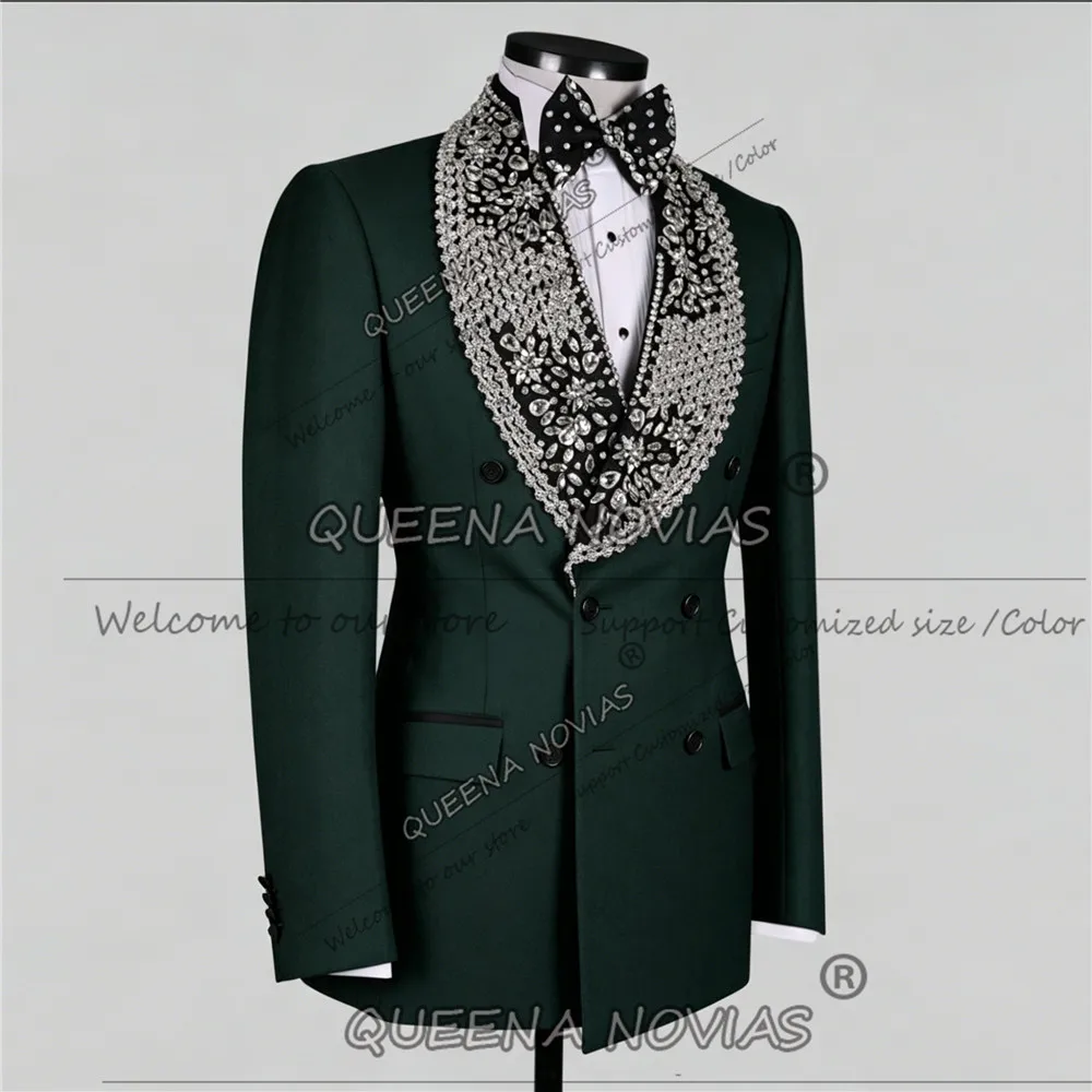 Handsome Suit Man For Wedding Diamond Beaded Lable Prom Blazer Customized 2 Piece Sets Groom Tuxedos Attire Male Fashion Outfits