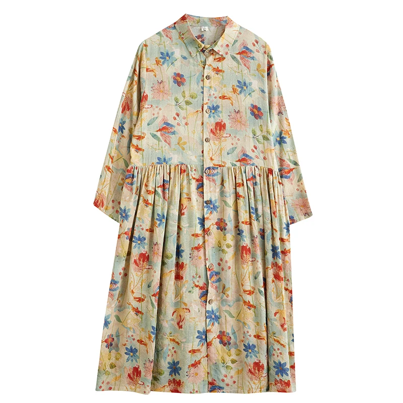 Retro-Blumendruck Midi Dr Single Button Nine Sve Collar Patchwork-Kleid A-Linie Silhouette Pendeln Sle Herbstkleidung