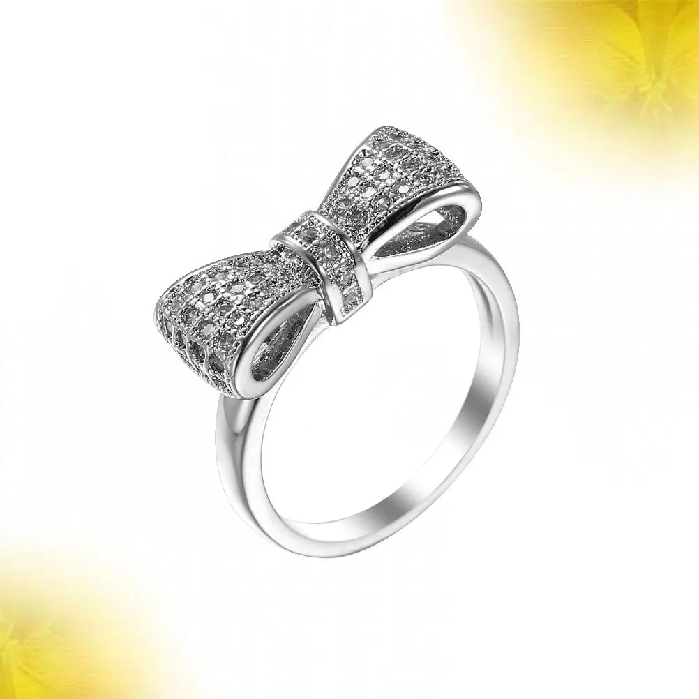 

Bowknot Zircon Ring White Copper Plated Platinum Tarnish Resistant Jewelry For Women Anniversary Birthday Gift