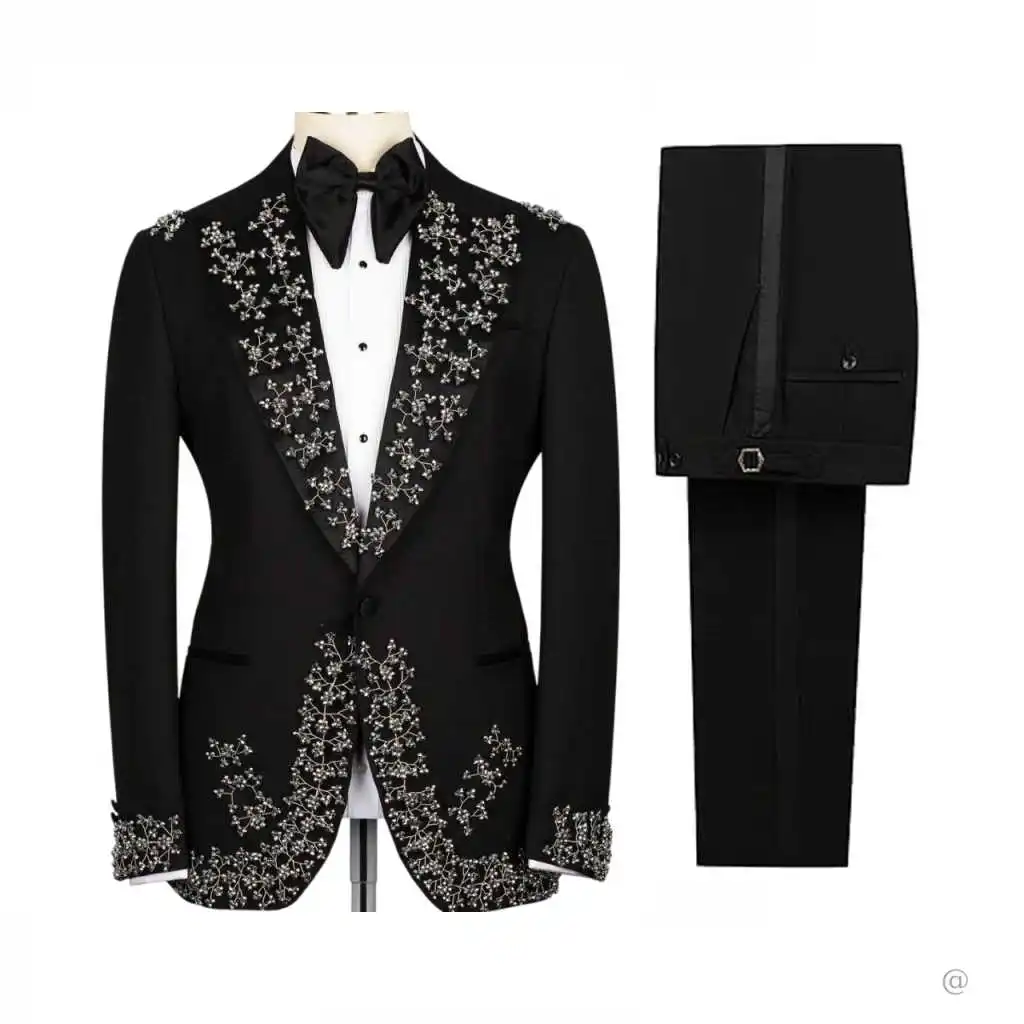 

Luxury Crystals Groom Wedding Tuxedos One Button Prom Blazers Peaked Lapel Classic Fit Customized 2 Pieces Outfits