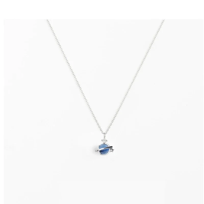 Hot-Seller Saturn Planet Pendant Necklace Transparent Blue Glass Orb Tiny Star Dainty Cosmic Theme Collar Jewelry For Women
