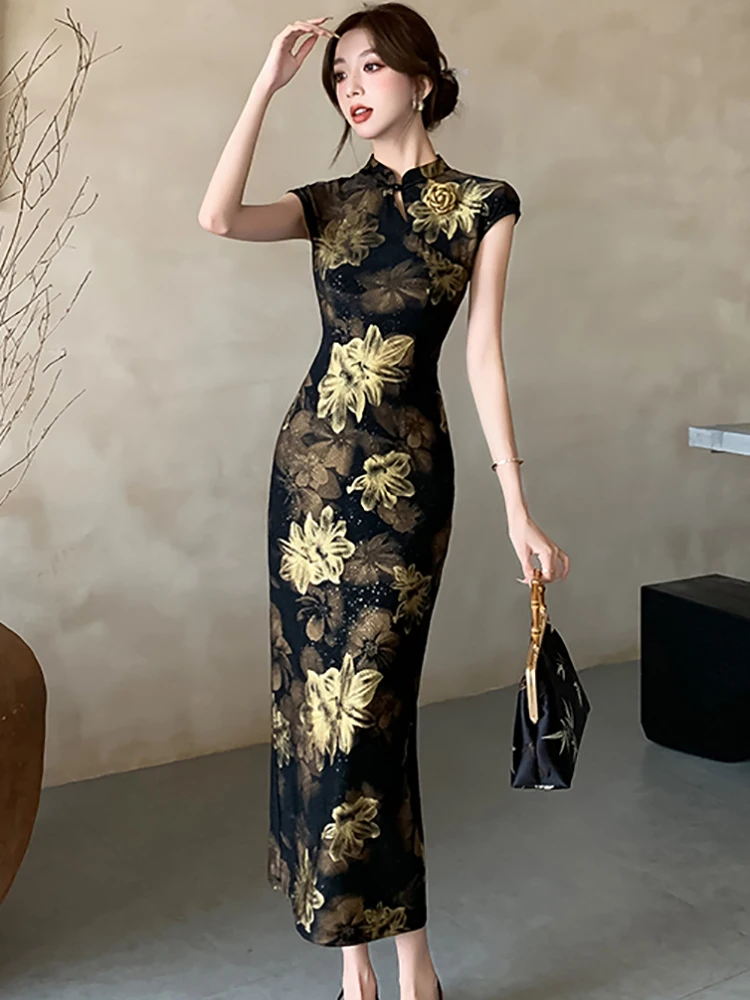 Summer Black Jacquard Floral Casual Long Dress Women Short Sleeve Hip Wrap Bodycon Dress 2025 Korean Vintage Elegant Party Dress