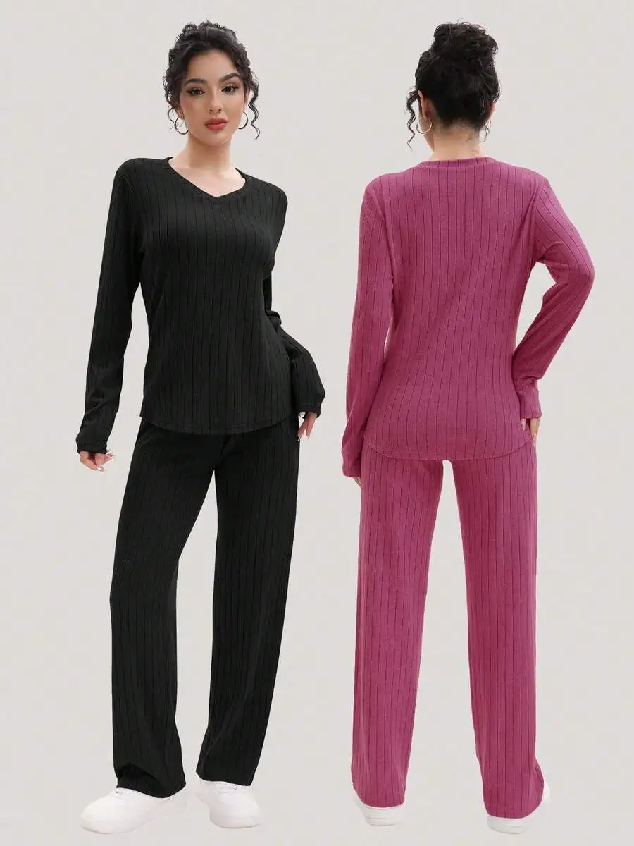 

Ribbed V-Neck Long Sleeve Top And Pants Two-Piece Set For Women