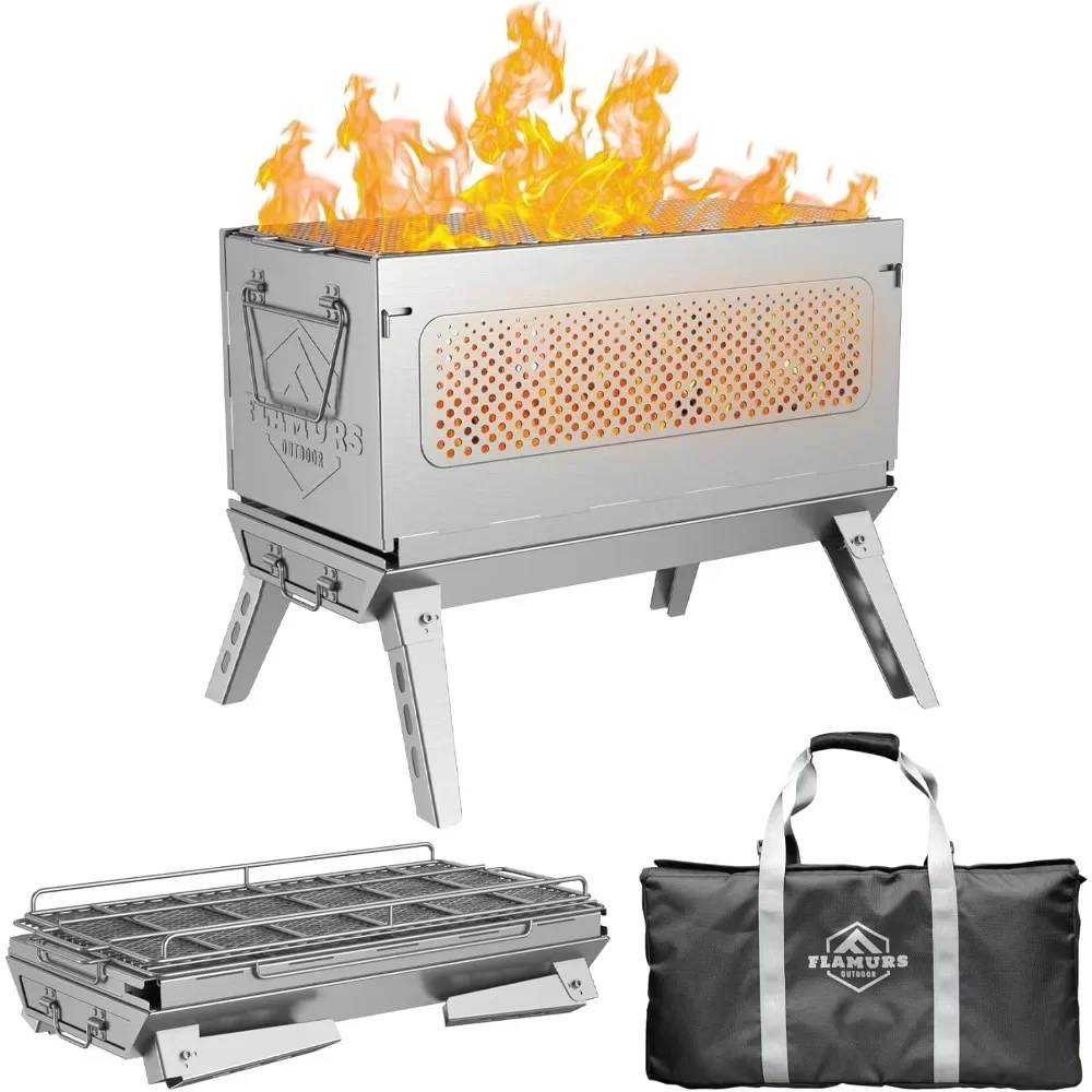 Portable 20-Inch Stainless Steel Outdoor Fire Pit with Grill and Removable Ash Pan