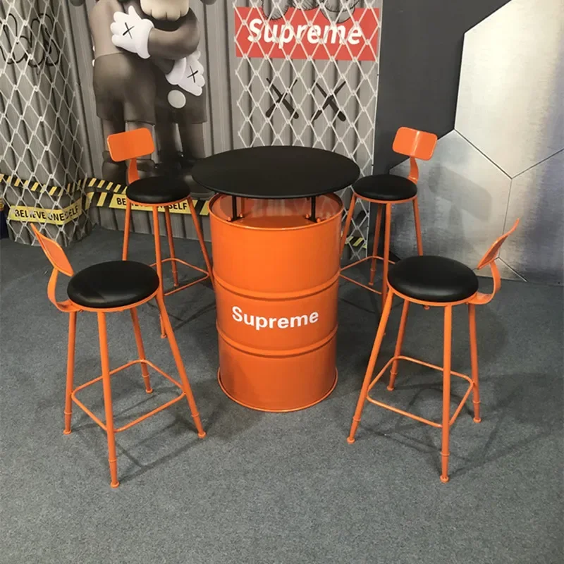 Industrial Style Oil Drum Bar Table and Chair Set Wrought Iron High Top Combo Creative Outdoor Lounge Commercial Seating