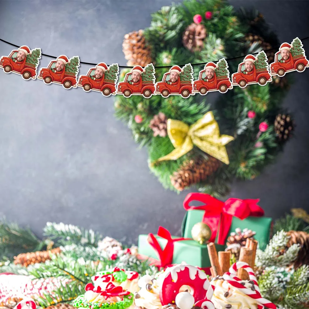 Customized Christmas Tree Car Pattern Face Photo Paper Banner Gift Stickers and Cake Plugin Set, Party Gift Decorative Stickers