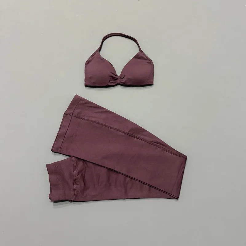 2-teiliges Nahtloses Neckholder-Sport-BH-Set mit Rückenausschnitt und Polsterung, Weiche Weitbeinige Hüftliftende Yoga-Hose, Figurbetontes Fitness-Workout-Set