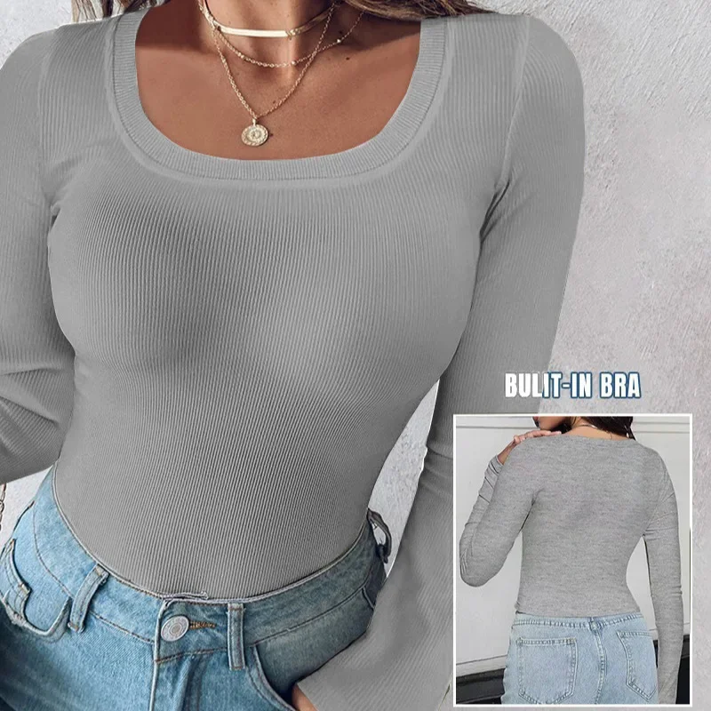 جديد 2025 المرأة طويلة الأكمام سليم صالح طاقم الرقبة تي شيرت الجولة الرقبة كبيرة U الرقبة قاعدة قميص الربيع موضة السعر المنخفض