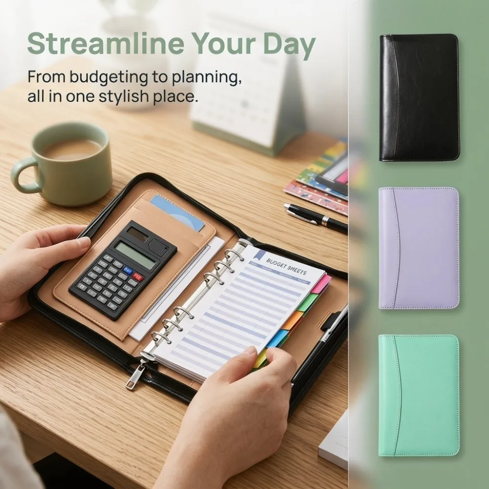 Multifunctional 6-Ring File Folder PU Leather A6 Work Record Book Card Holder with Calculator Business Notebook Office Supplies