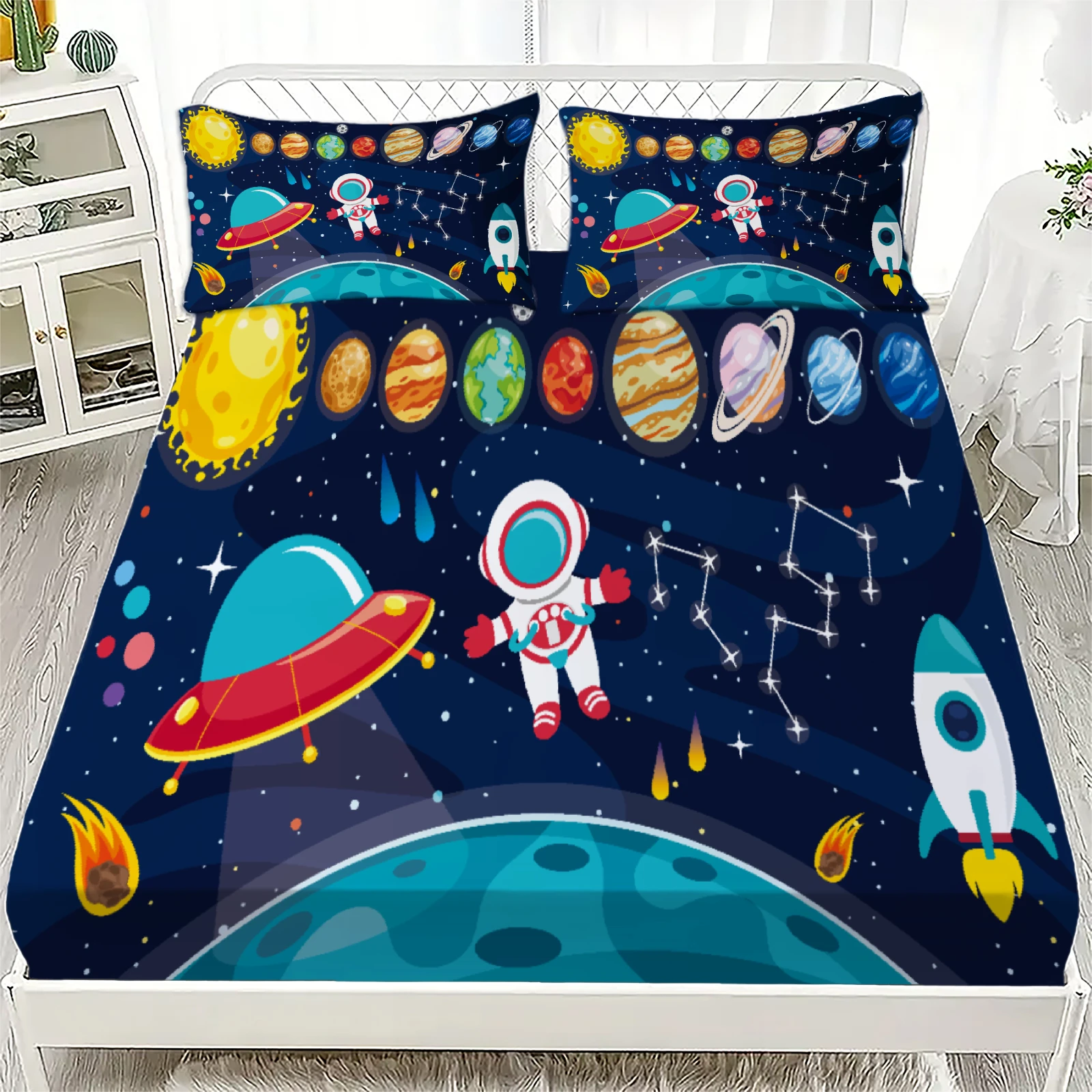 3pcs Playful Fitted Sheet For Children Boys Cartoon Style Space Astronaut Planet Rocket Star Printed Bed Sheet With Pillowcases