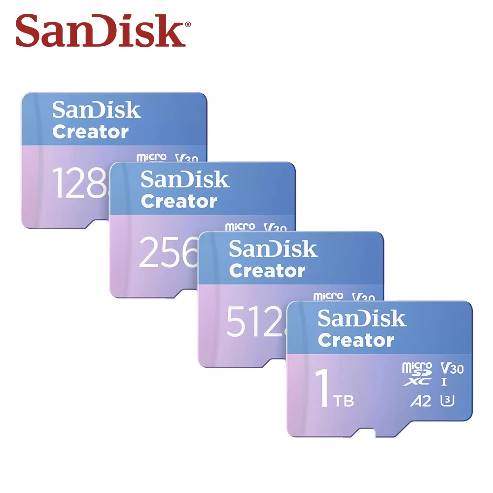 carte-memoire-sandisk-creator-micro-sdxc-vitesse-jusqu'a-190-mo-s-u3-v30-a2-vitesse-d'ecriture-130-mo-s-video-4k-128-go-256-go-512-go-1-to