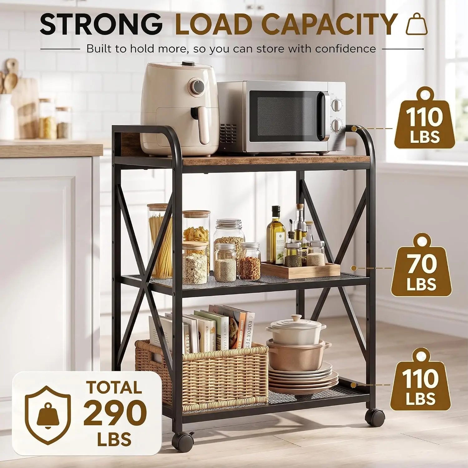 Microwave Cart and Kitchen Cart with Adjustable Shelf, Dark Brown